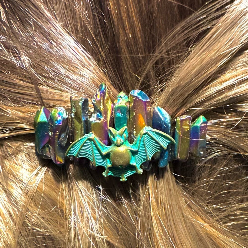 Titanium Rainbow Aura Quartz with Patina Bat Handmade Hair Clip